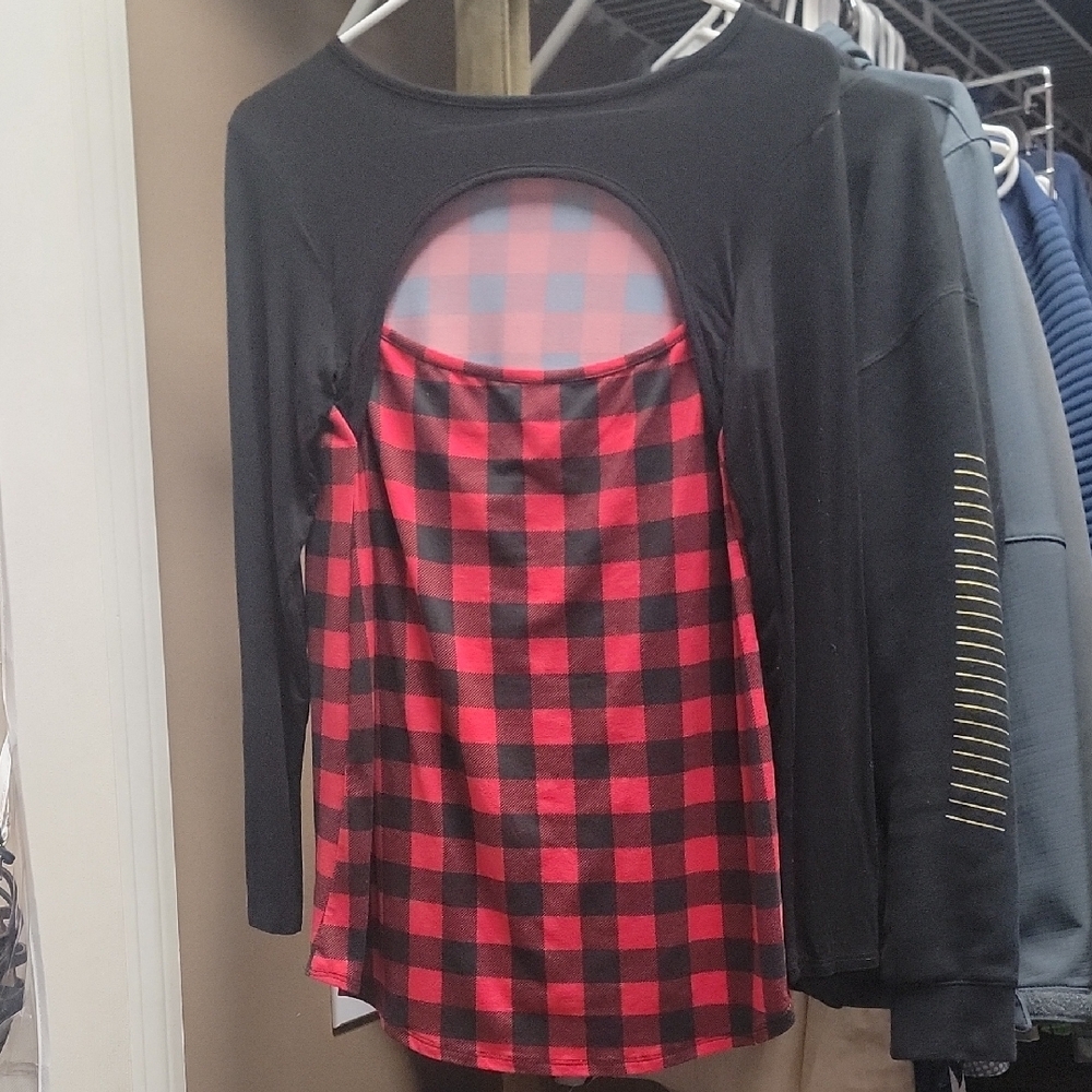 Black and Red Plaid Cutout Top